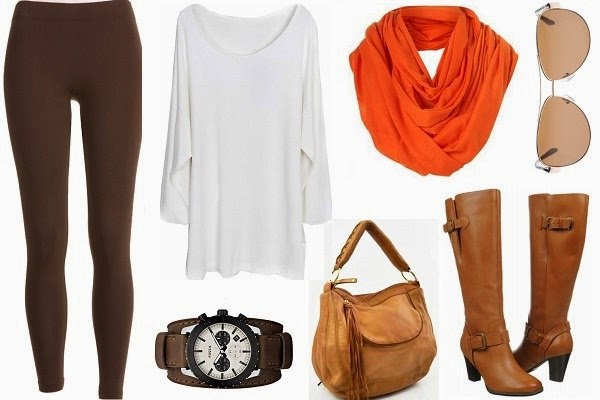 outfits with leggings, tall boots, loose fit top and peppy scarf