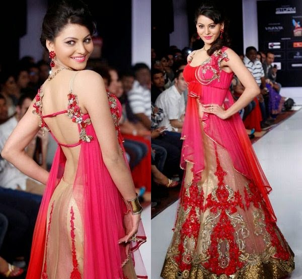 Red-pink bridal lehengas in open back style