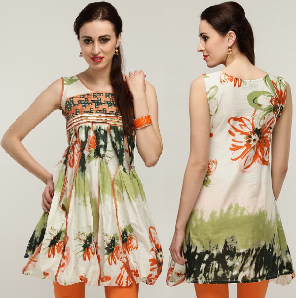 Sleeve Less Green and Orange Floral Printed Cotton Kurti