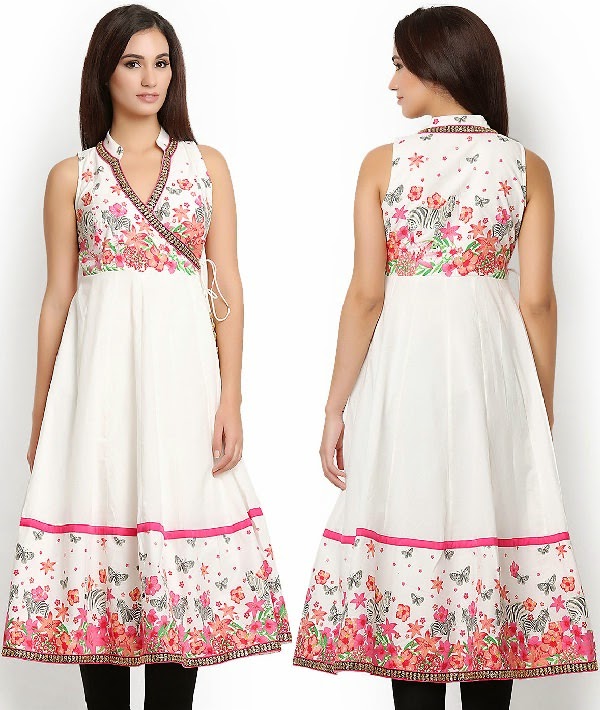 White-pink floral kurti, designer cotton kurti patterns