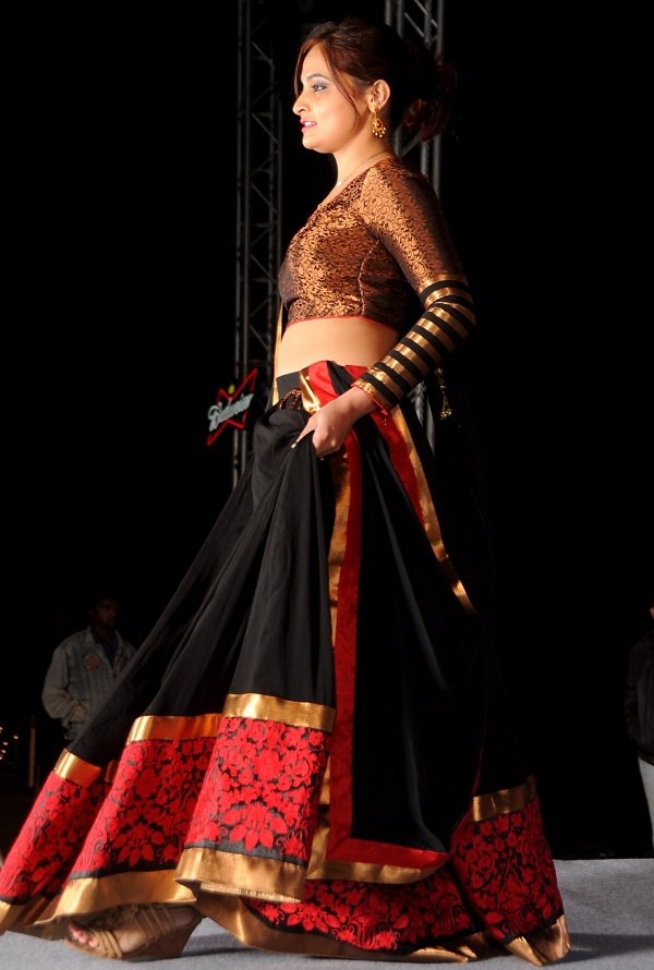 red, black and gold bollywood lehenga choli