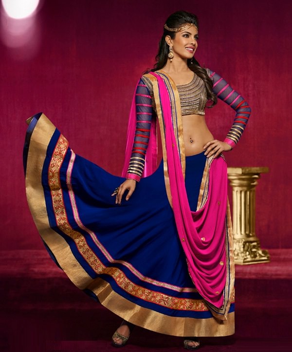 blue and pink faux georgette lehenga choli