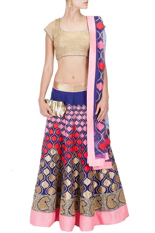 indigo blue and nude peach lehenga choli with embroidered patch work