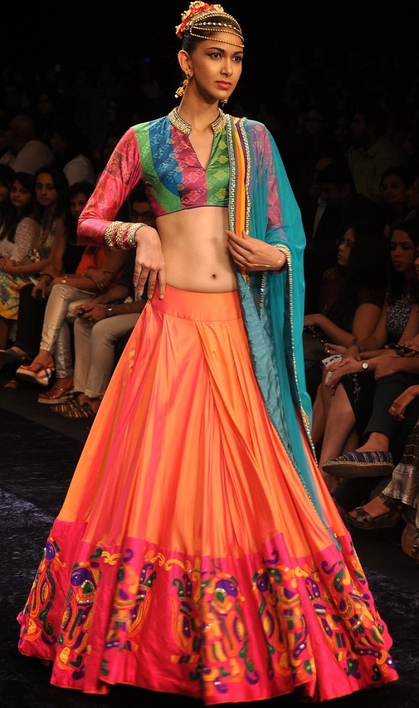 orange and pink lehenga with brocade blouse