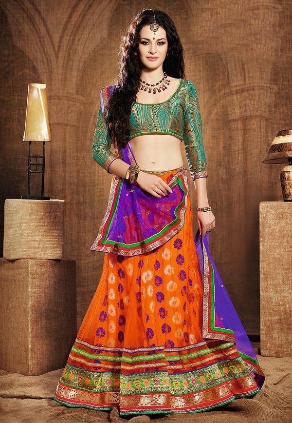 orange net shimmer lehenga choli