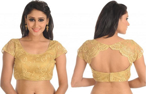 gold scalloped net blouse for plain saree