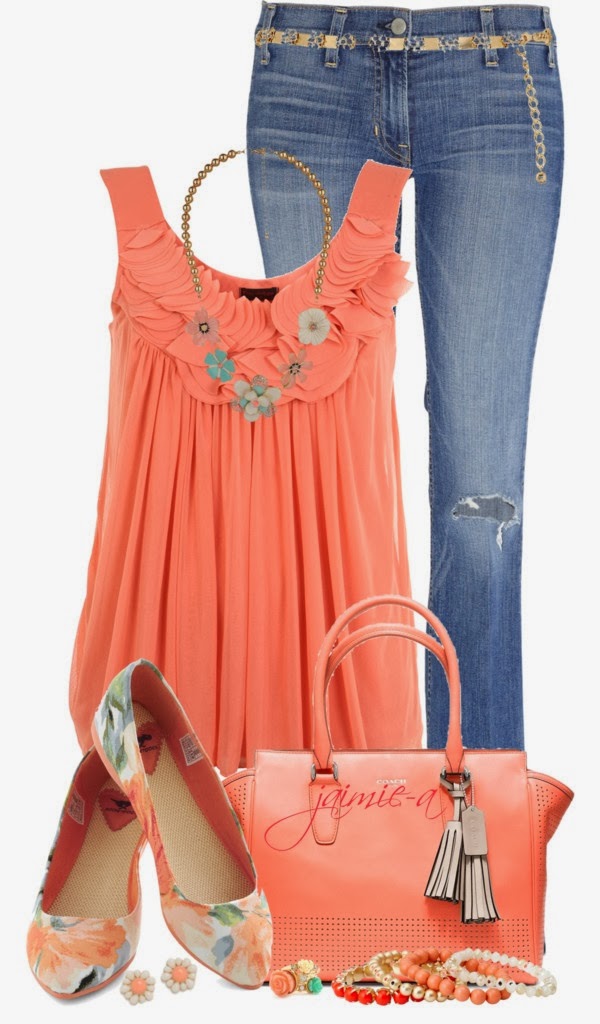 bright orange top, blue jeans, stylish Perforated handbag, absolutely stunning Floral Flats with a gorgeous spring flavor and beautiful jewelry