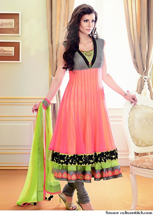 Neon peach and green anarkali suit