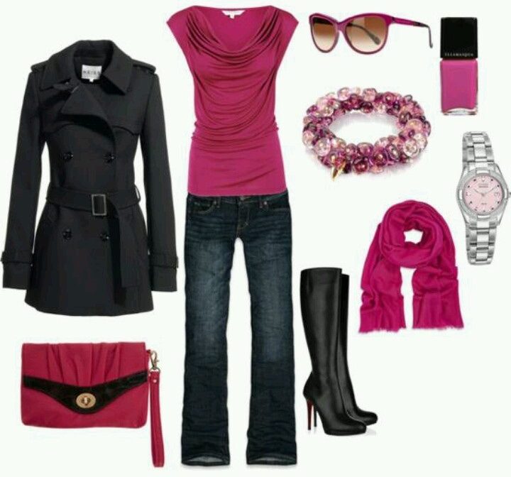 Pink top, black coat, black shoes, pink watch, pink sunglasses, dark pink bag