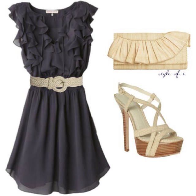 Navy Blue Ruffle dress with belt, champagne colored clutch