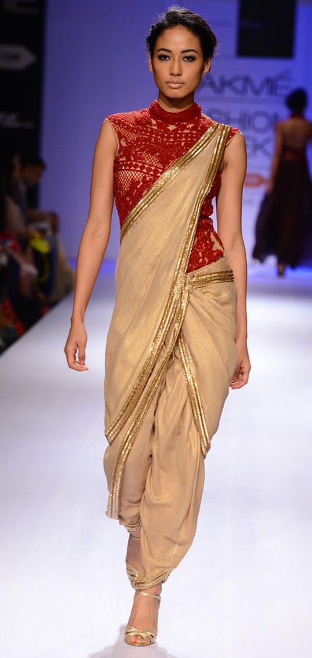 gold with red embroidery dhoti sari