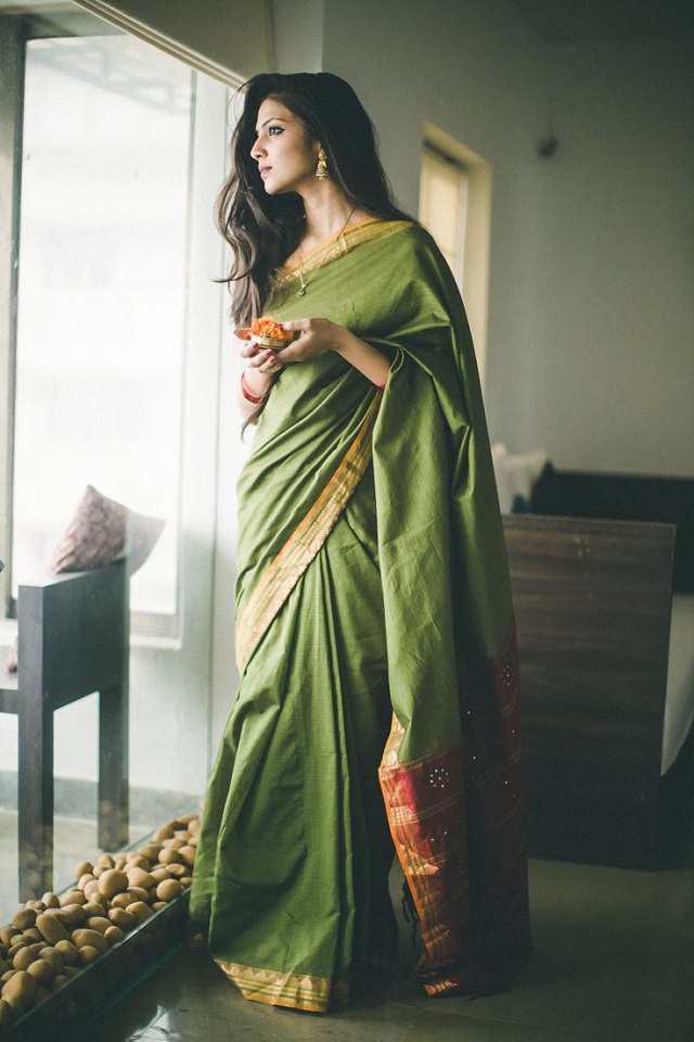 green saree in short floating style drape