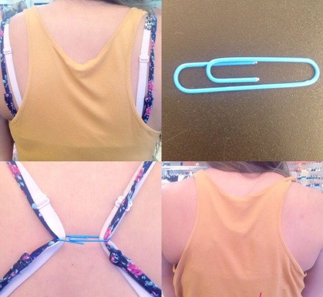 bra hacks shows use of bra paper clip to hide strap, how to hide bra straps with a paperclip