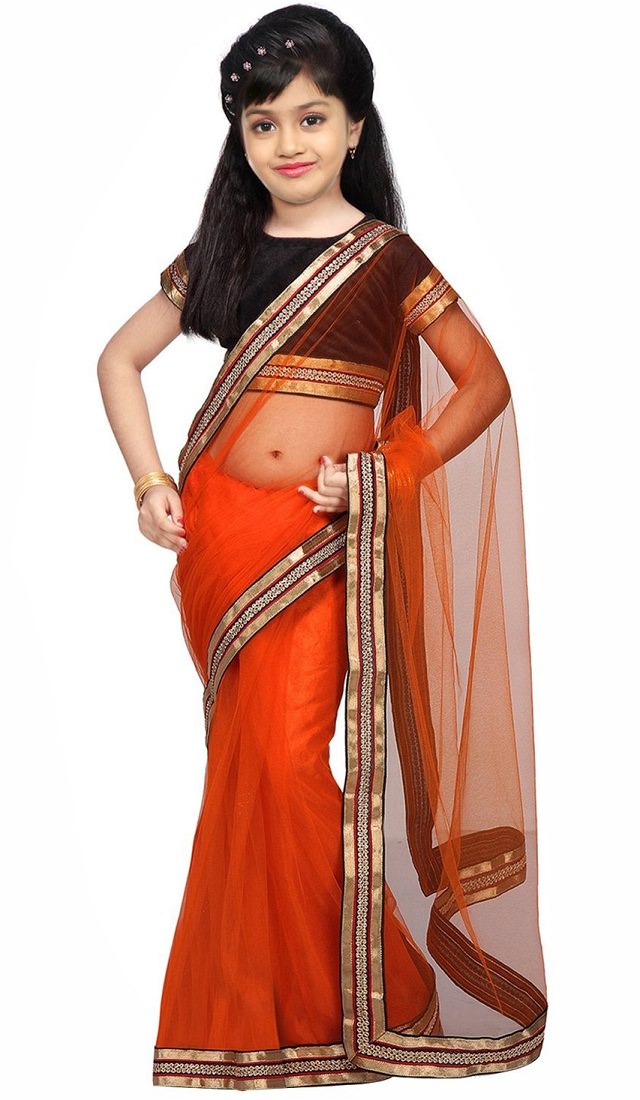 orange-saree, orange bordered kids saree