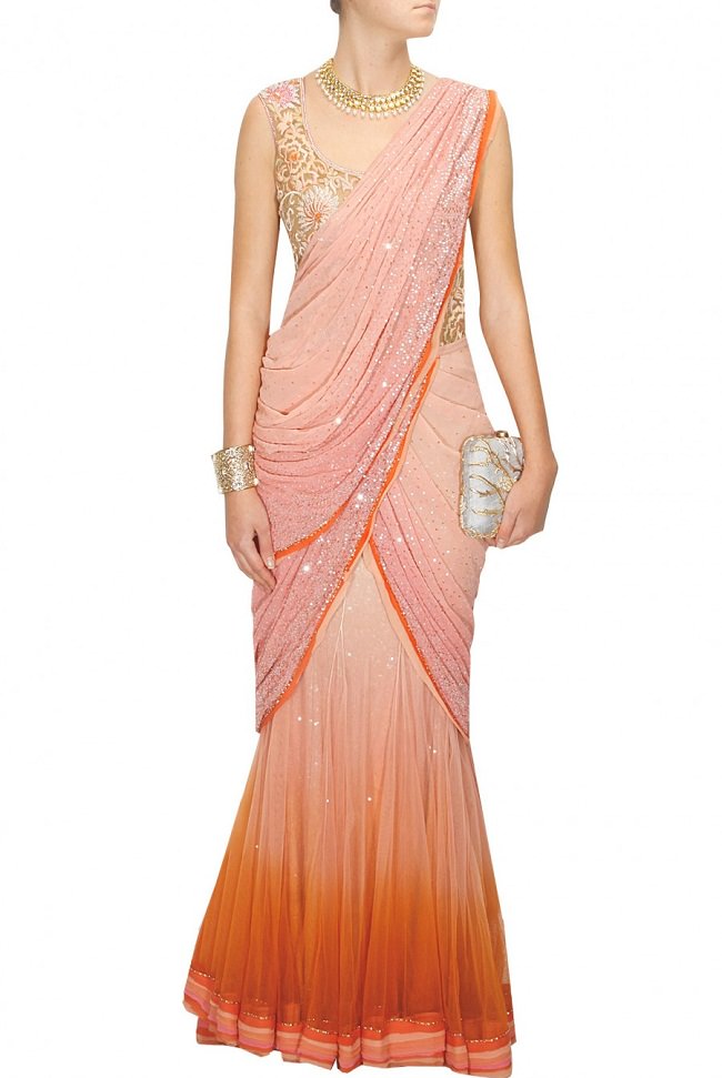 tarun tahiliani peach shaded saree