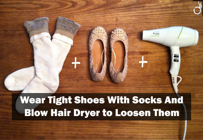 expand tight shoes with hair dryer and socks, how to stretch shoes