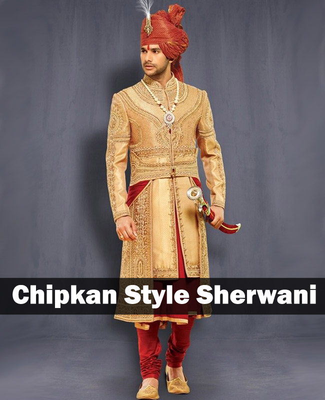 golden layered chipkan mughal style sherwani