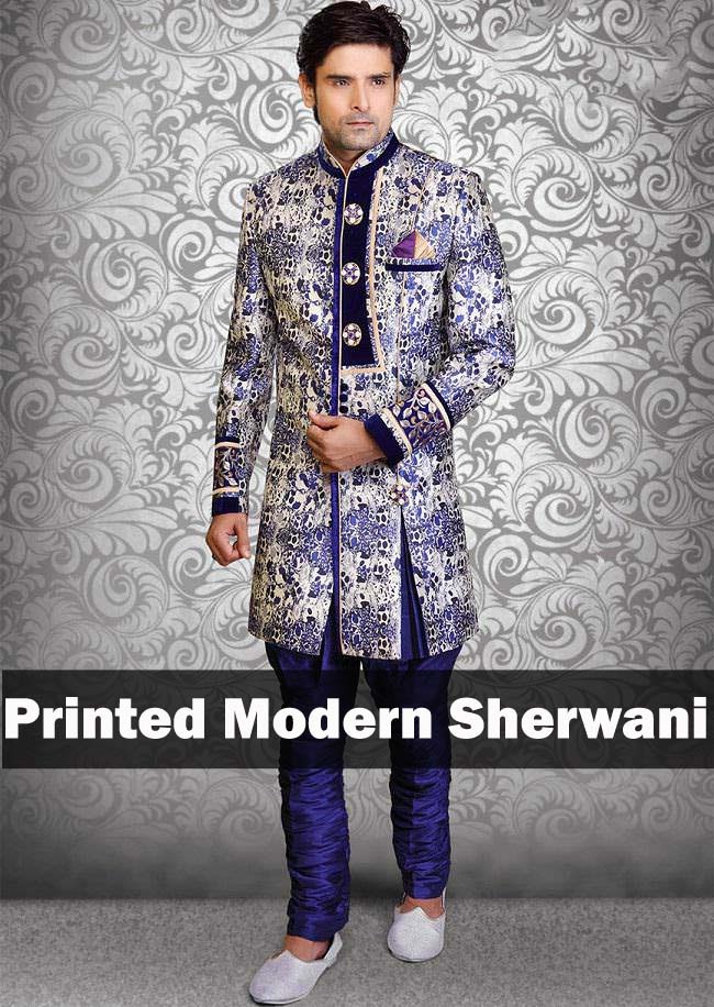 indigo blue printed modern sherwani
