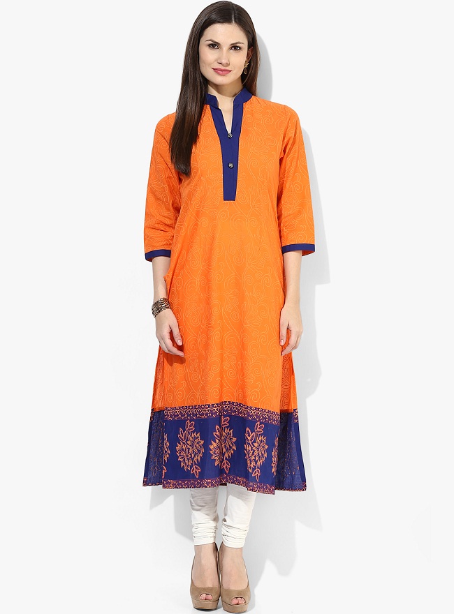 riya orange printed kurta, printed kurti designs, printed kurti neck designs, riya orange 3/4 sleeve solid kurta