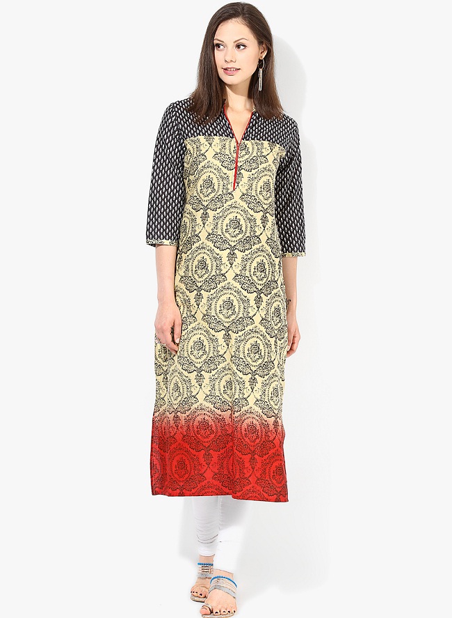 shree beige calf length printed kurti, printed kurti patterns, printed kurti neck designs, shree beige calf length kurta