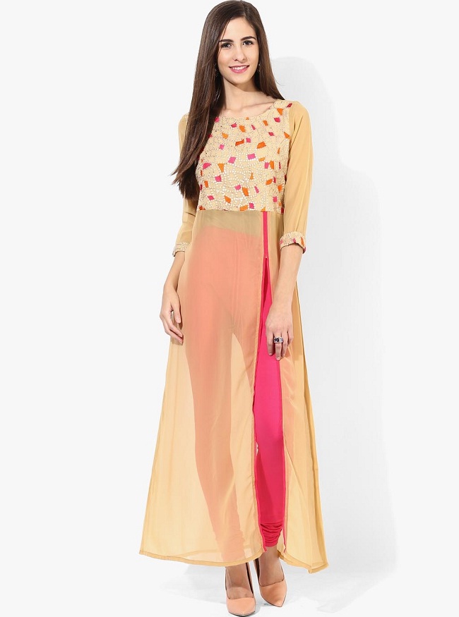 beige embroidered front slit kurti