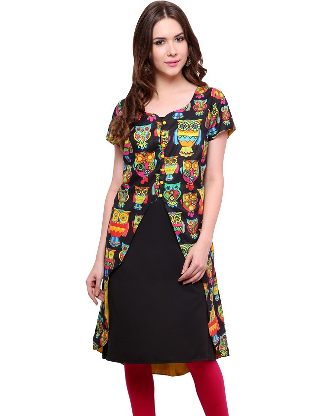 black printed front open slit kurti