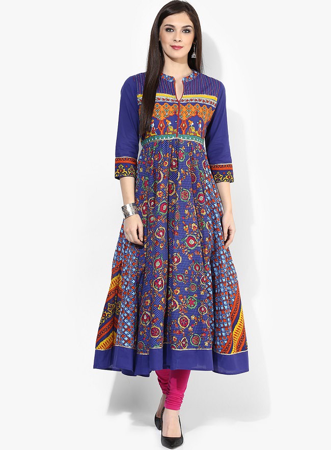 Mughal Motif Blue Printed Anarkali Kurti With 3/4Th Sleeves