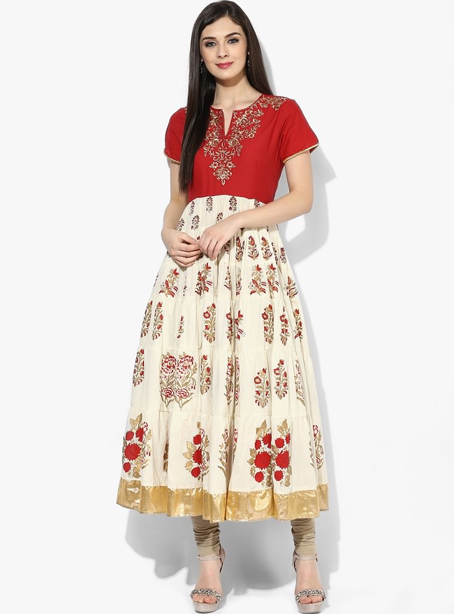 cream red block printed anarkali kurti