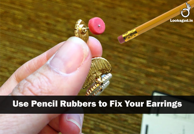 jewellery hacks- use pencil rubbers to quickly replace a earring back