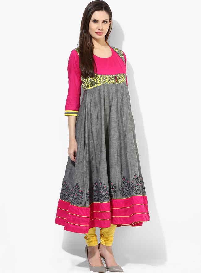 Grey Embellished Cotton Mandarin Collar Knee Length Anarkali