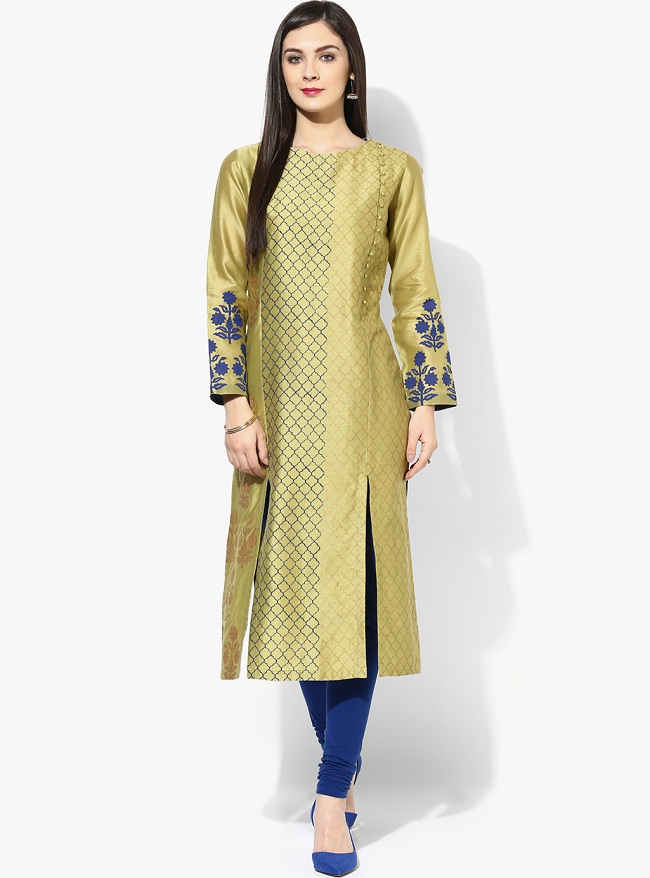 green printed front slit kurti