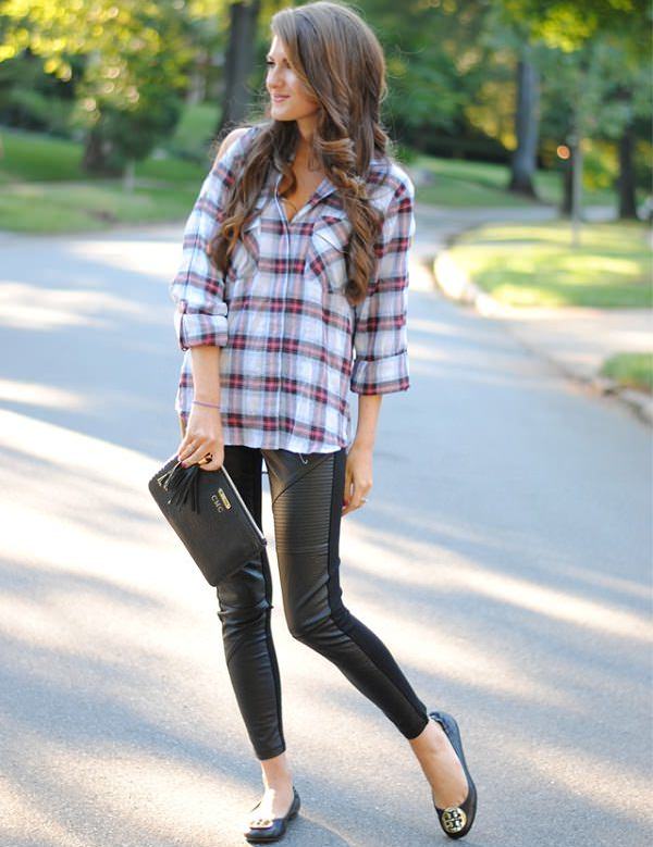 blue checked shirt with black leather leggings