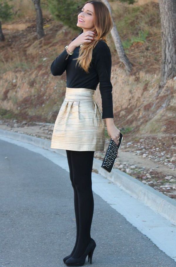 cream striped skirt with black leggings