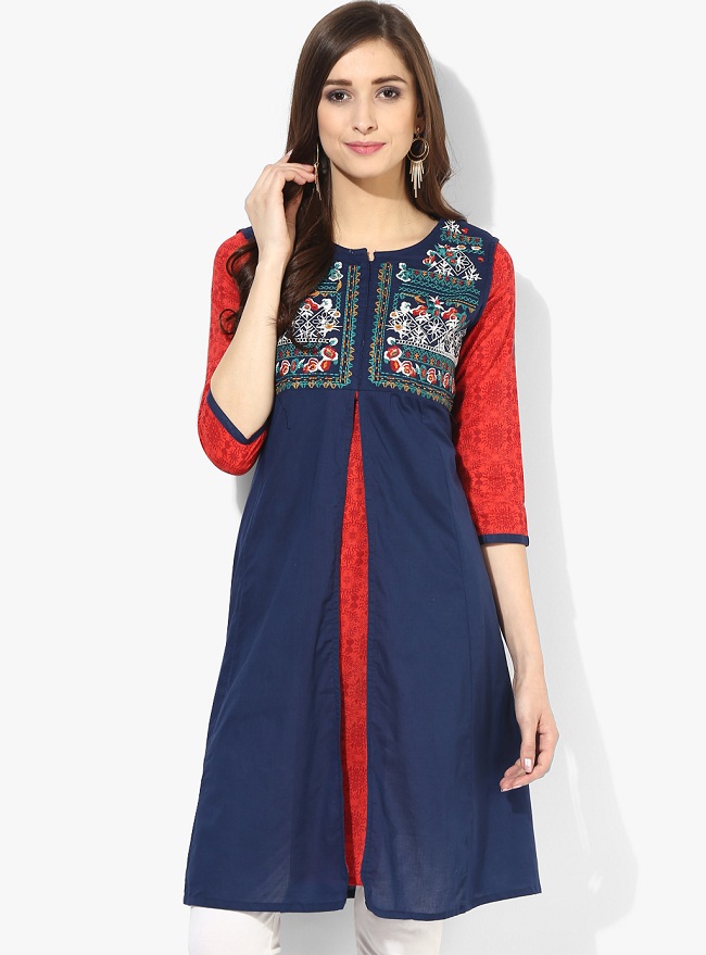 navy blue red front slit kurti