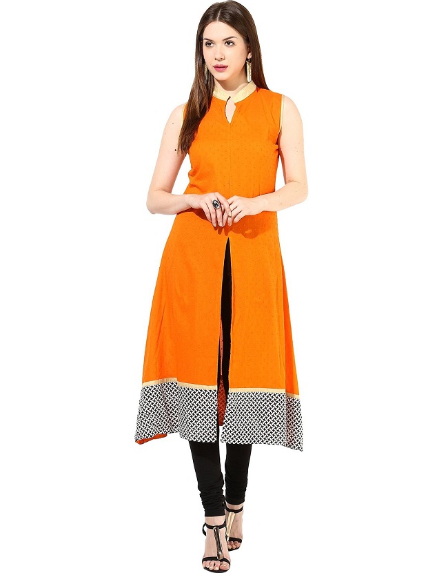 orange printed front slit kurti