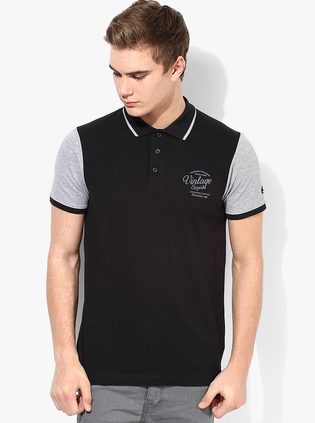 phosphorus black solid polo t-shirt with contrast sleeve