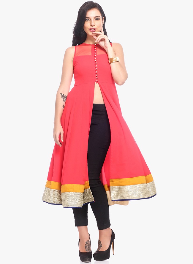 pink solid front open slit kurti