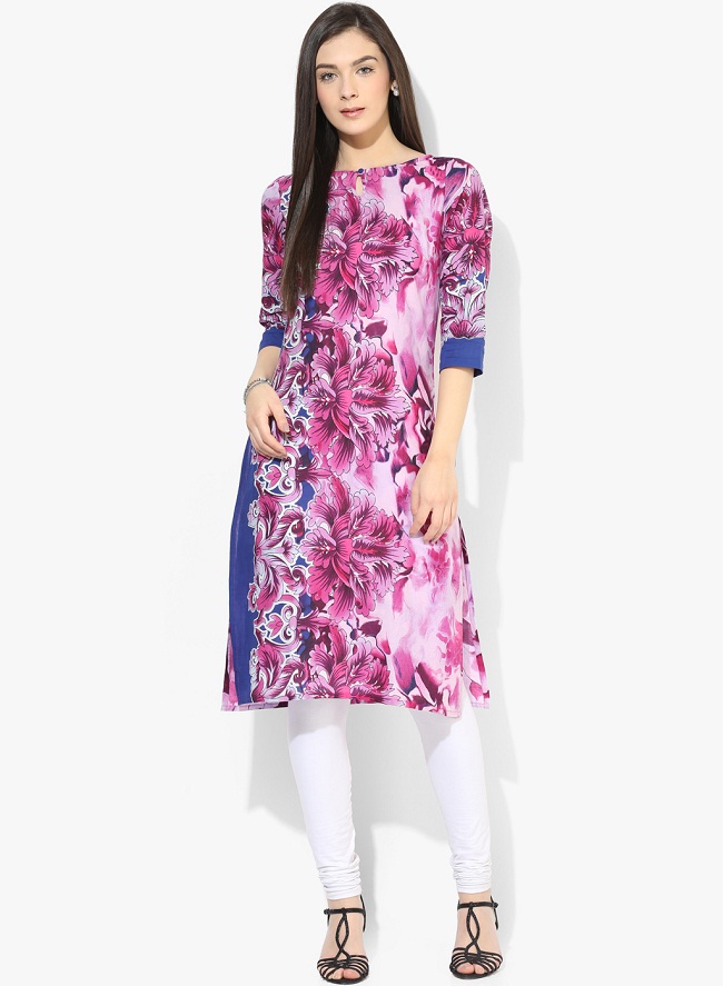 Purple Printed Knee Length Keyhole Boat Neck Cotton Kurta