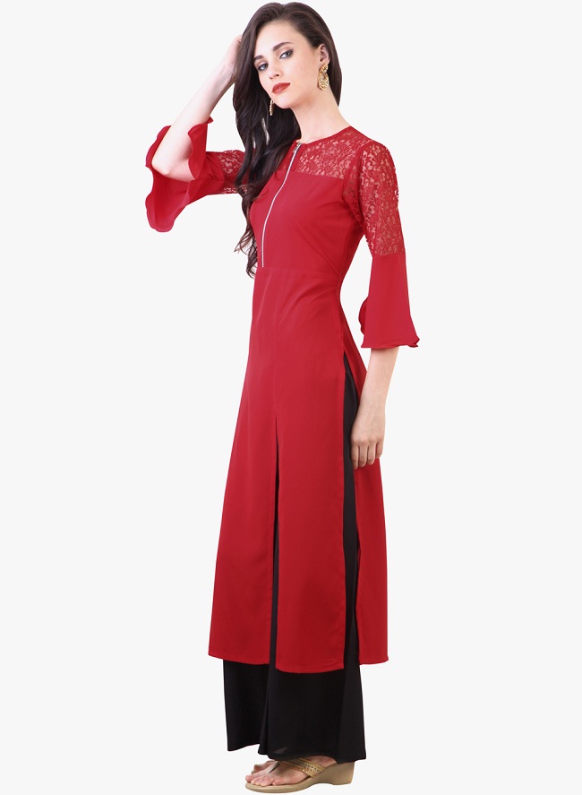 red solid front slit kurti