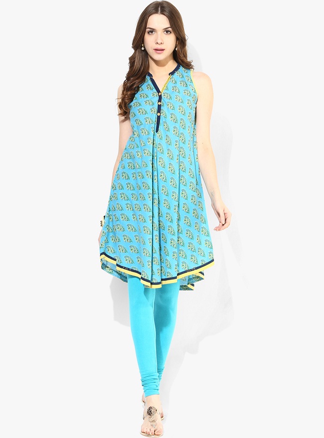 Round Neck Blue Printed Cotton Kurti