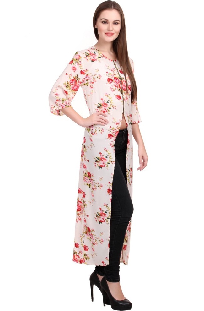 white floral kurti with front open slit