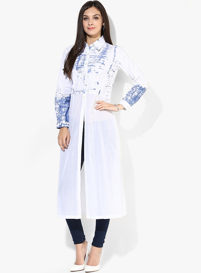 White Shirt Style Full Sleeves Collar Kurti With Front Slit