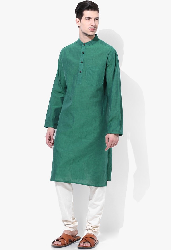 green cotton solid kurta