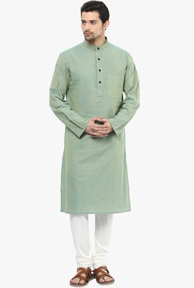 green cotton solid long kurta