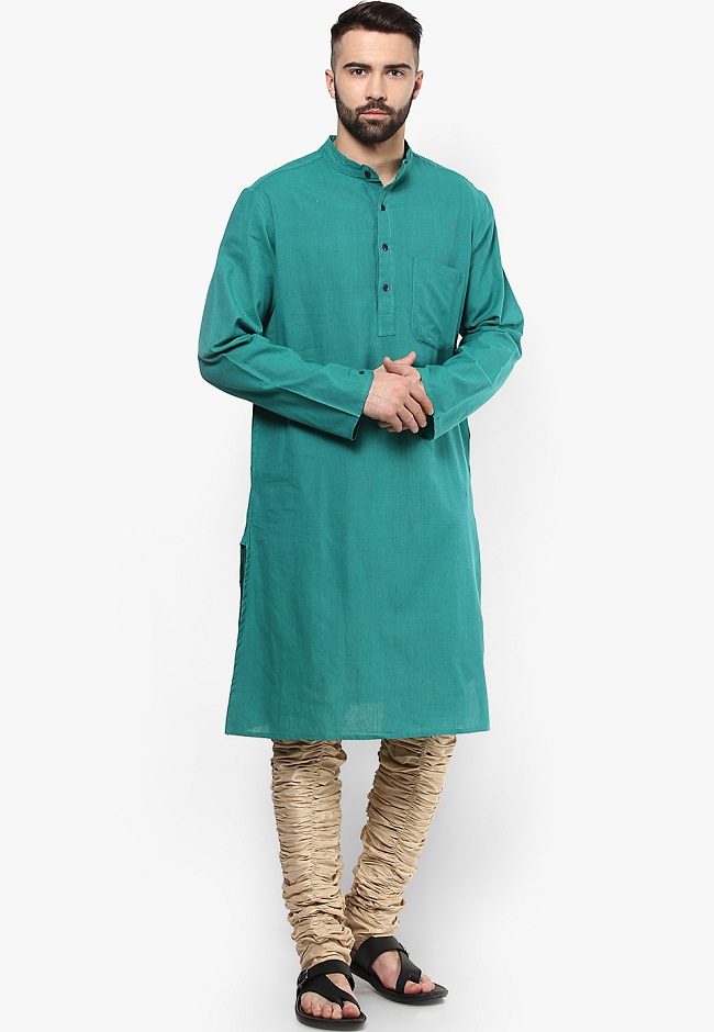 green solid cotton kurta