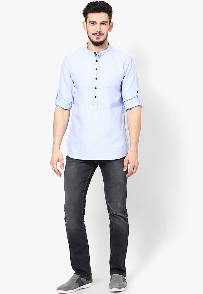 light blue cotton solid short kurta