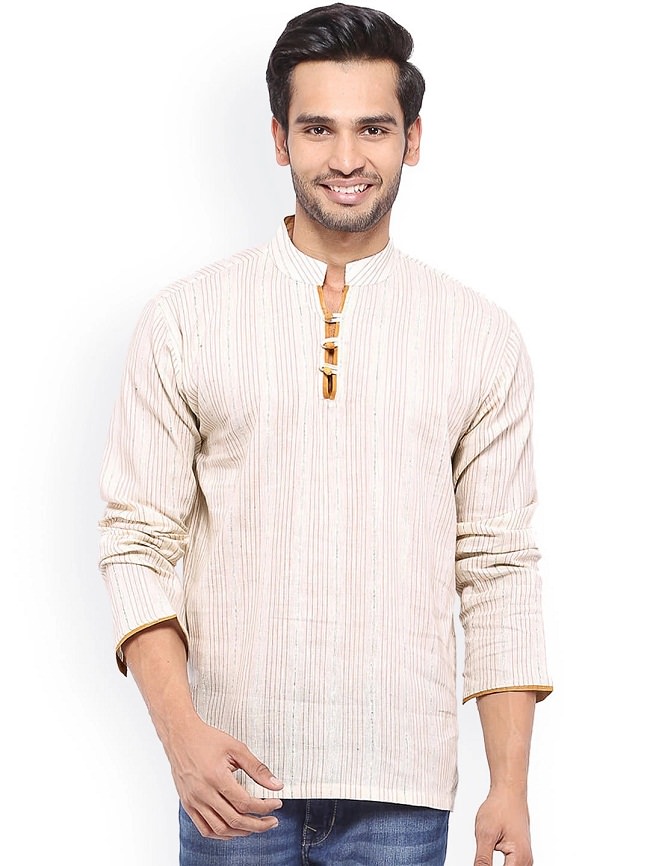 off white striped cotton short kurta