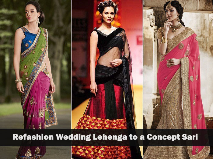 reuse old bridal lehenga by using it as a concept saree