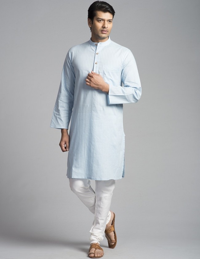 sky blue cotton striped long kurta