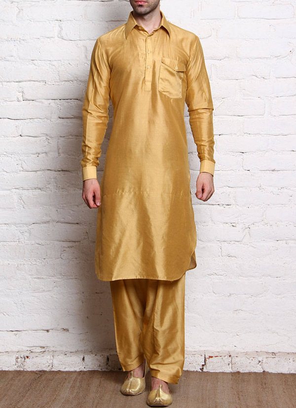 golden cotton silk pathani suit of indian state jammu kashmir 
